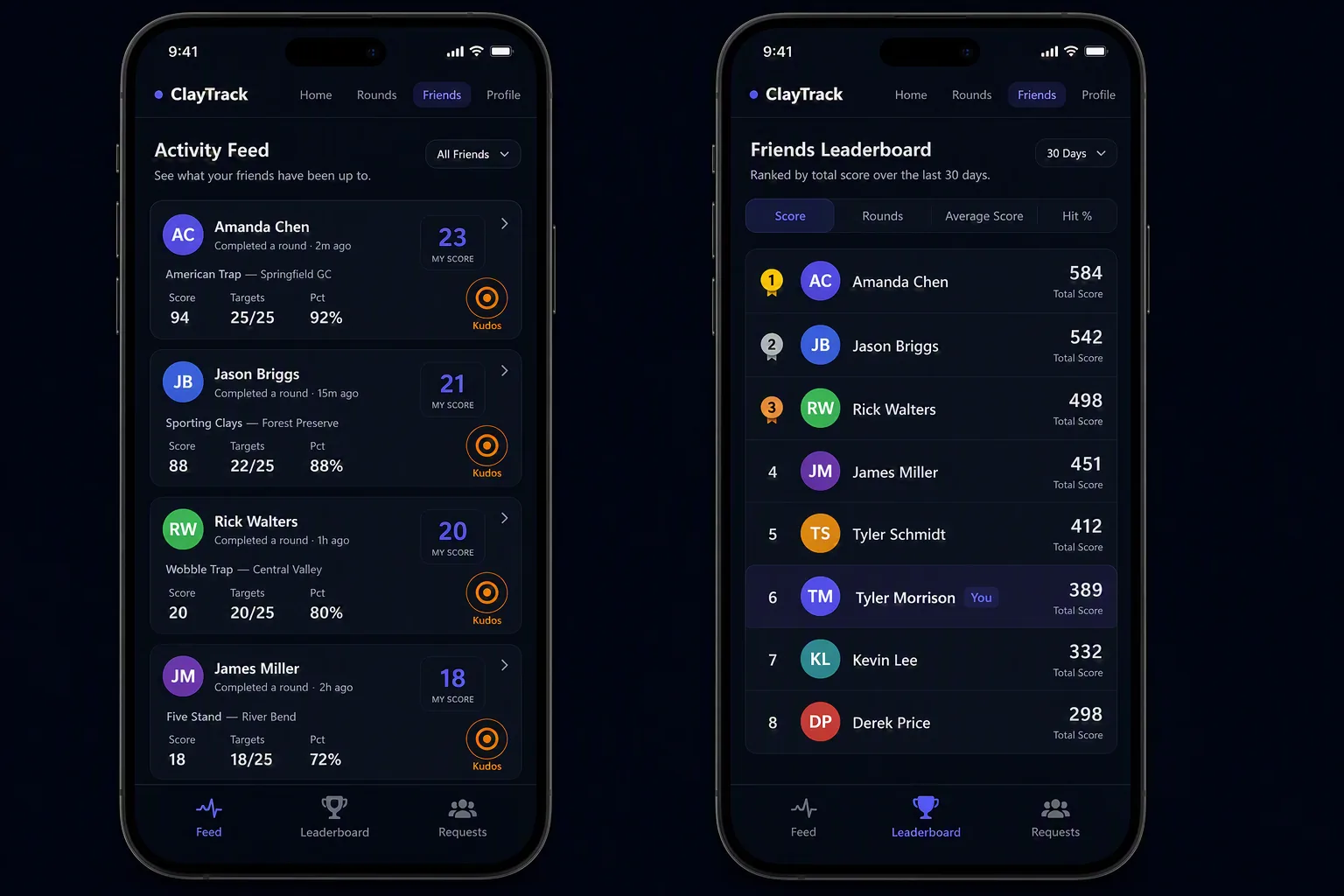 A clay shooting club leaderboard and activity feed on a phone
